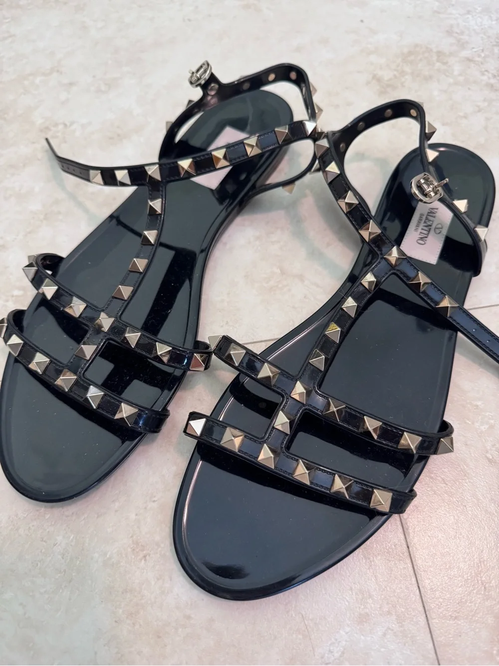 Valentino Black Patent Rockstud Strappy Sandals